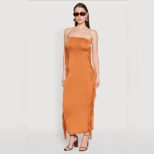 Strapless Orange Dress with Fringe Detailing